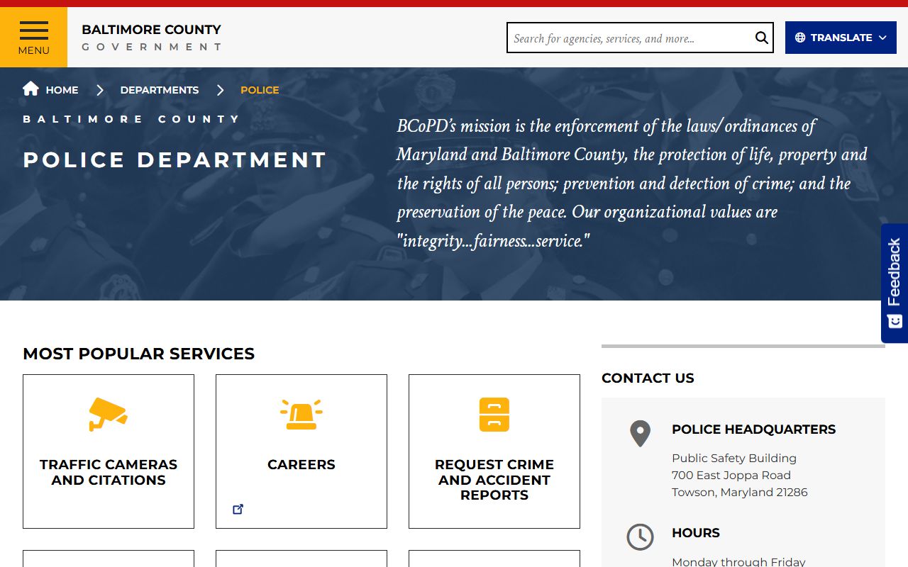 Baltimore County Police Department website for Towson jail mugshots