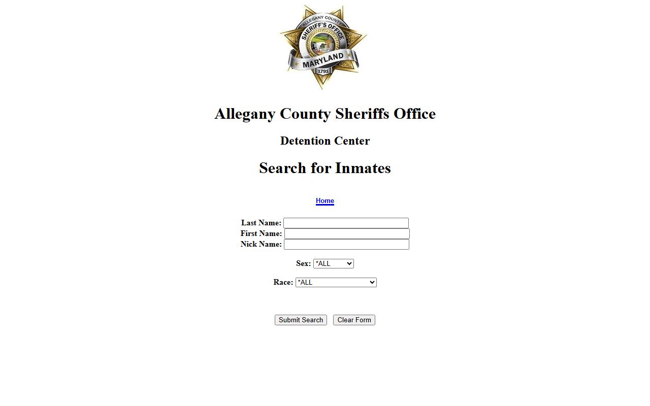 Allegany County inmate search page for jail mugshots