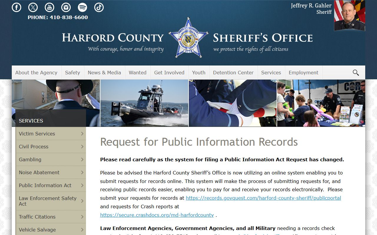 Harford County Sheriff PIA request page for jail mugshots