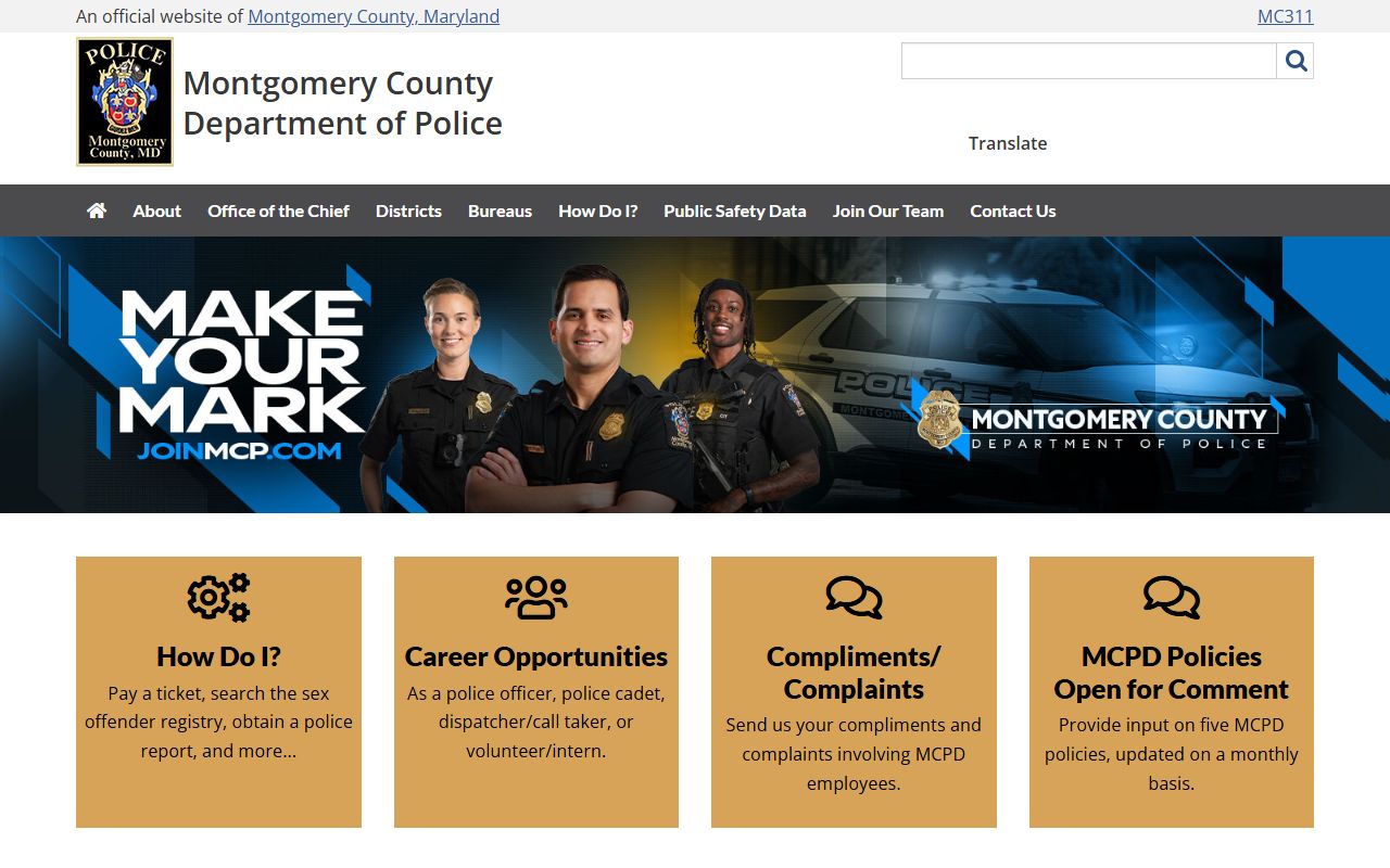 Montgomery County Police Department homepage for jail mugshots and arrest records